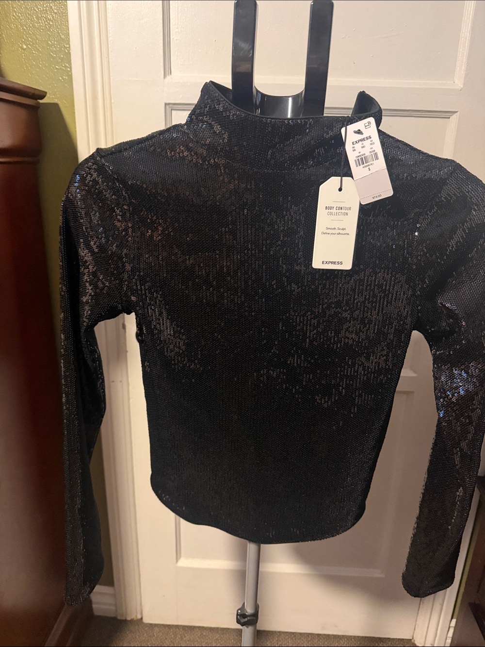 Express Black Sequin Mock Neck Long Sleeve Top